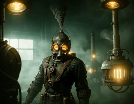 A man in a gas mask against the backdrop of a smoking factory. Ecological disaster and dystopia. High quality illustration