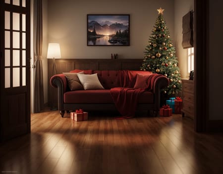 Living room decorated at christmas. Beautiful Christmas interior. High quality illustration