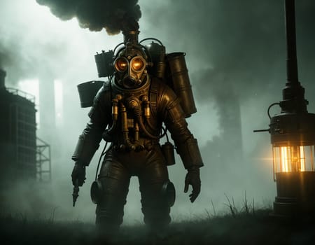 A man in a gas mask against the backdrop of a smoking factory. Ecological disaster and dystopia. High quality illustration