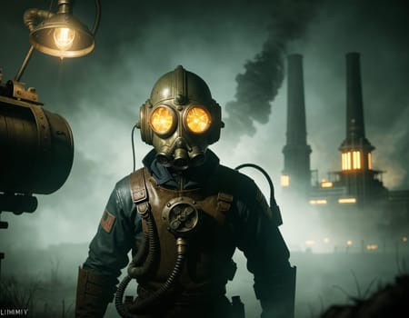 A man in a gas mask against the backdrop of a smoking factory. Ecological disaster and dystopia. High quality illustration
