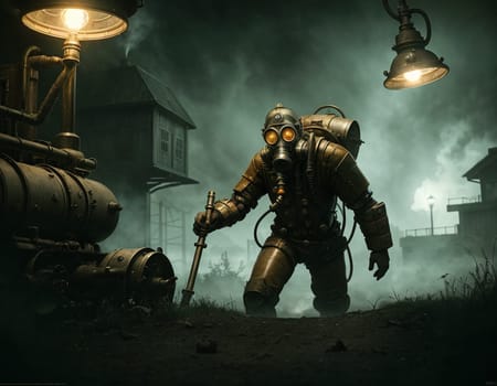 A man in a gas mask against the backdrop of a smoking factory. Ecological disaster and dystopia. High quality illustration
