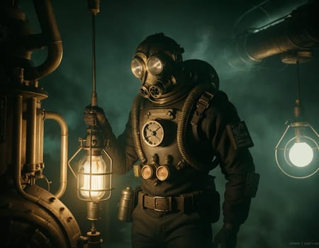 A man in a gas mask against the backdrop of a smoking factory. Ecological disaster and dystopia. High quality illustration