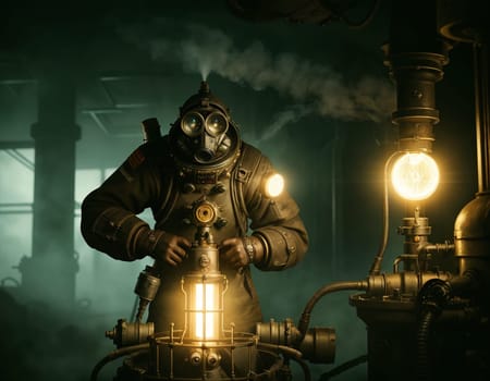 A man in a gas mask against the backdrop of a smoking factory. Ecological disaster and dystopia. High quality illustration