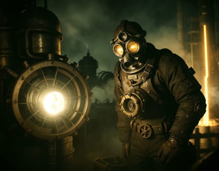 A man in a gas mask against the backdrop of a smoking factory. Ecological disaster and dystopia. High quality illustration
