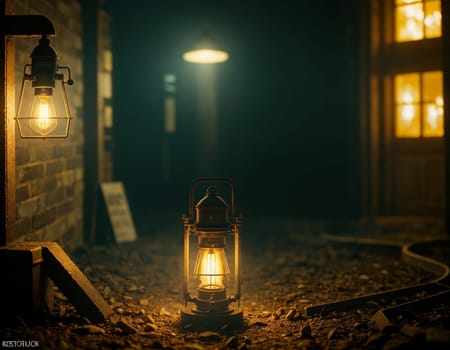 Dark steampunk with Kerosene lamps and mechanisms in the dark. High quality illustration