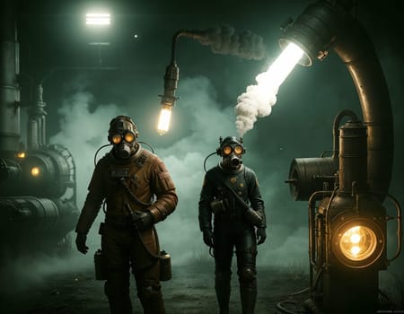People in a gas mask against the backdrop of a smoking factory. Ecological disaster and dystopia. High quality illustration