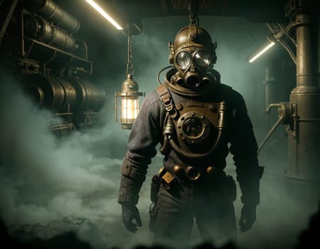 A man in a gas mask against the backdrop of a smoking factory. Ecological disaster and dystopia. High quality illustration