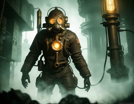 A man in a gas mask against the backdrop of a smoking factory. Ecological disaster and dystopia. High quality illustration