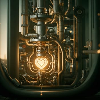 Atomic heart in mechanisms. Heart motor. High quality illustration