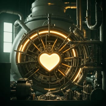 Atomic heart in mechanisms. Heart motor. High quality illustration