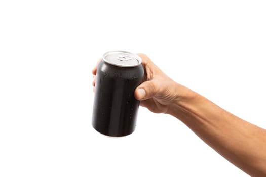 Black male hand holding black aluminum mockup can on white