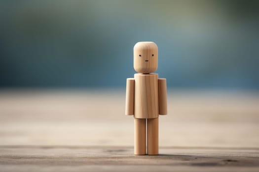 Sad and lonely wooden man on a wooden surface on a blurred natural background. The concept of loneliness, sadness, waiting.