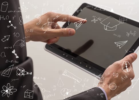 Caucasian business hands holding tablet with business screen . High quality photo