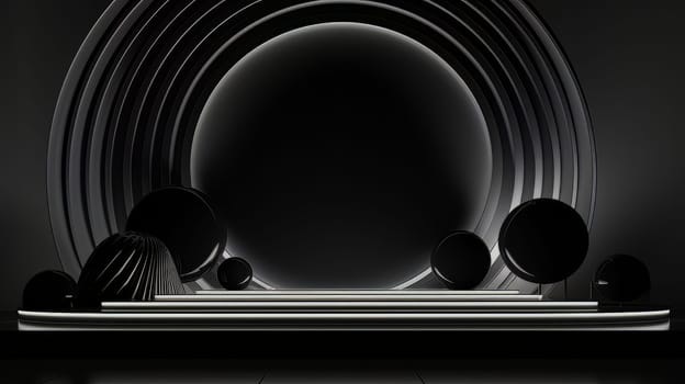 Black futuristic 3D Elegant Podium Stage. Abstract geometric minimalist 3D scene with podium, copy space or space for product presentation. generative AI.