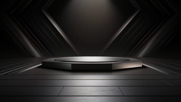 Black futuristic 3D Elegant Podium Stage. Abstract geometric minimalist 3D scene with podium, copy space or space for product presentation. generative AI.