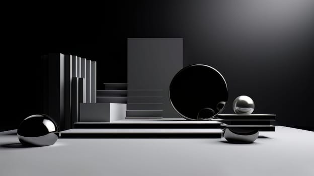 Black futuristic 3D Elegant Podium Stage. Abstract geometric minimalist 3D scene with podium, copy space or space for product presentation. generative AI.