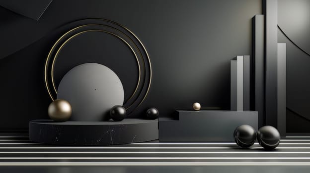 Black futuristic 3D Elegant Podium Stage. Abstract geometric minimalist 3D scene with podium, copy space or space for product presentation. generative AI.