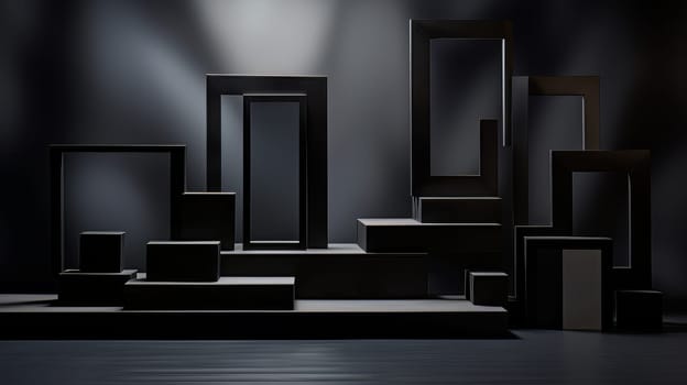 Black futuristic 3D Elegant Podium Stage. Abstract geometric minimalist 3D scene with podium, copy space or space for product presentation. generative AI.