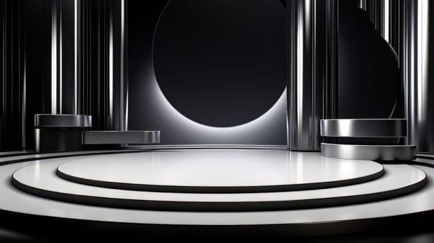 Black futuristic 3D Elegant Podium Stage. Abstract geometric minimalist 3D scene with podium, copy space or space for product presentation. generative AI.