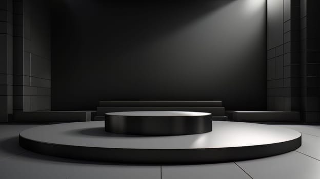 Black futuristic 3D Elegant Podium Stage. Abstract geometric minimalist 3D scene with podium, copy space or space for product presentation. generative AI.