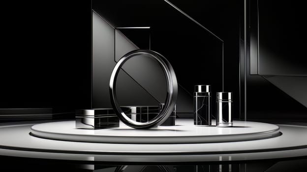 Black futuristic 3D Elegant Podium Stage. Abstract geometric minimalist 3D scene with podium, copy space or space for product presentation. generative AI.