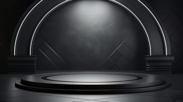 Black futuristic 3D Elegant Podium Stage. Abstract geometric minimalist 3D scene with podium, copy space or space for product presentation. generative AI.