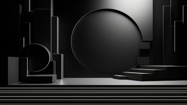 Black futuristic 3D Elegant Podium Stage. Abstract geometric minimalist 3D scene with podium, copy space or space for product presentation. generative AI.