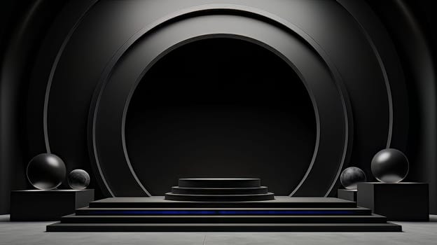 Black futuristic 3D Elegant Podium Stage. Abstract geometric minimalist 3D scene with podium, copy space or space for product presentation. generative AI.