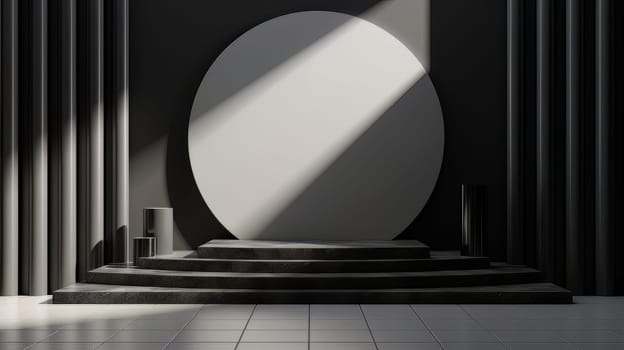 Black futuristic 3D Elegant Podium Stage. Abstract geometric minimalist 3D scene with podium, copy space or space for product presentation. generative AI.