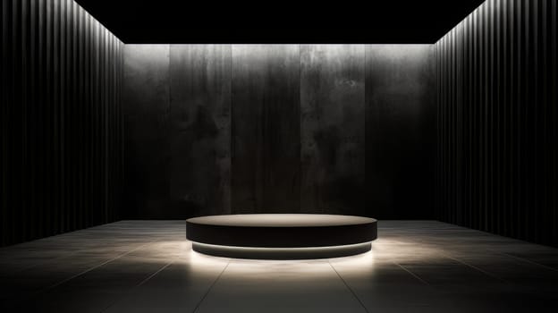 Black futuristic 3D Elegant Podium Stage. Abstract geometric minimalist 3D scene with podium, copy space or space for product presentation. generative AI.