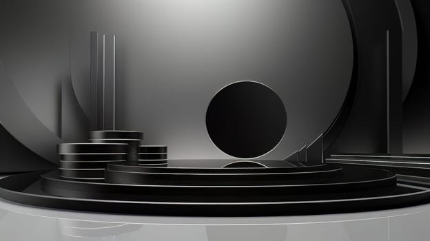 Black futuristic 3D Elegant Podium Stage. Abstract geometric minimalist 3D scene with podium, copy space or space for product presentation. generative AI.