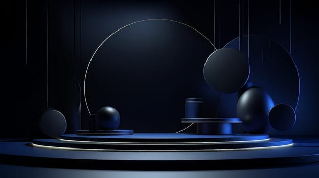 Dark blue futuristic 3D Elegant Podium Stage. Abstract geometric minimalist 3D scene with podium, copy space or space for product presentation. generative AI.