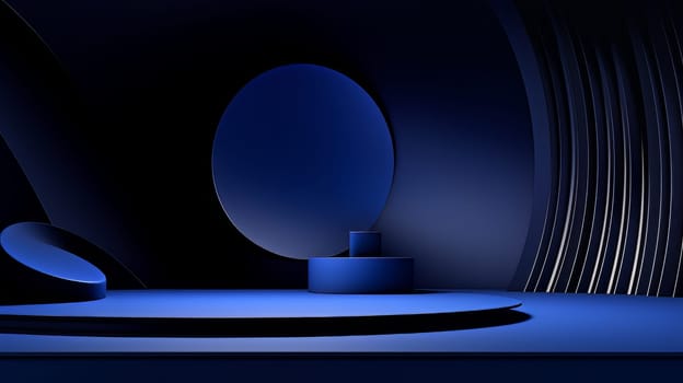 Dark blue futuristic 3D Elegant Podium Stage. Abstract geometric minimalist 3D scene with podium, copy space or space for product presentation. generative AI.