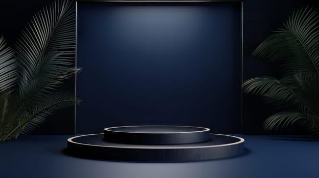 Dark blue futuristic 3D Elegant Podium Stage. Abstract geometric minimalist 3D scene with podium, copy space or space for product presentation. generative AI.