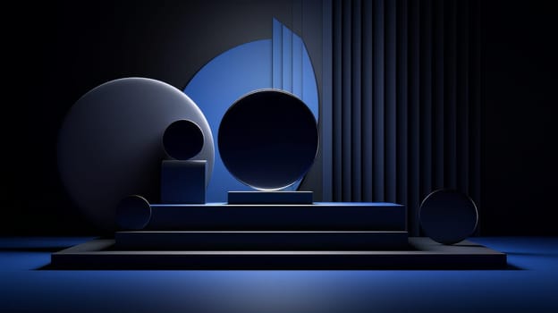 Dark blue futuristic 3D Elegant Podium Stage. Abstract geometric minimalist 3D scene with podium, copy space or space for product presentation. generative AI.