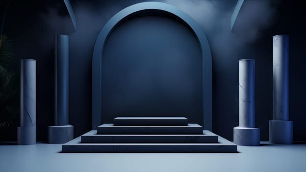 Dark blue futuristic 3D Elegant Podium Stage. Abstract geometric minimalist 3D scene with podium, copy space or space for product presentation. generative AI.