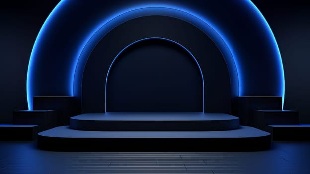 Dark blue futuristic 3D Elegant Podium Stage. Abstract geometric minimalist 3D scene with podium, copy space or space for product presentation. generative AI.