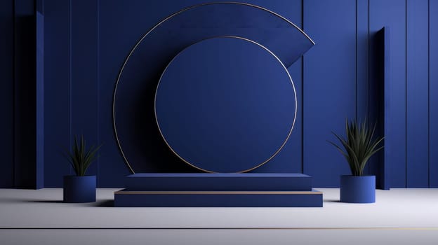 Dark blue futuristic 3D Elegant Podium Stage. Abstract geometric minimalist 3D scene with podium, copy space or space for product presentation. generative AI.