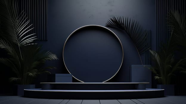 Dark blue futuristic 3D Elegant Podium Stage. Abstract geometric minimalist 3D scene with podium, copy space or space for product presentation. generative AI.