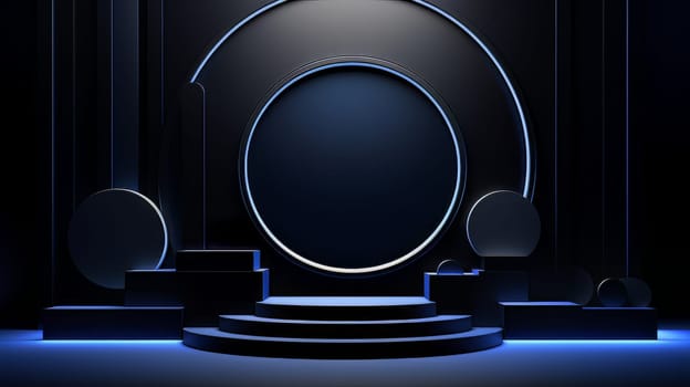 Dark blue futuristic 3D Elegant Podium Stage. Abstract geometric minimalist 3D scene with podium, copy space or space for product presentation. generative AI.