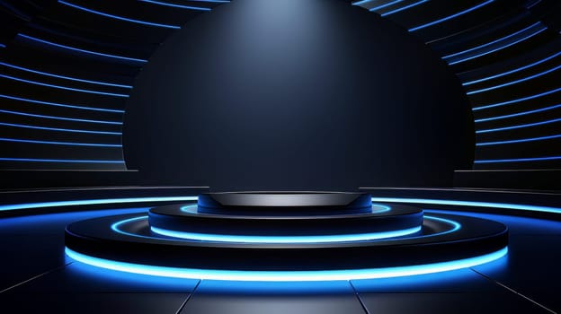 Dark blue futuristic 3D Elegant Podium Stage. Abstract geometric minimalist 3D scene with podium, copy space or space for product presentation. generative AI.