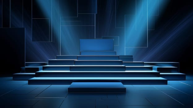 Dark blue futuristic 3D Elegant Podium Stage. Abstract geometric minimalist 3D scene with podium, copy space or space for product presentation. generative AI.