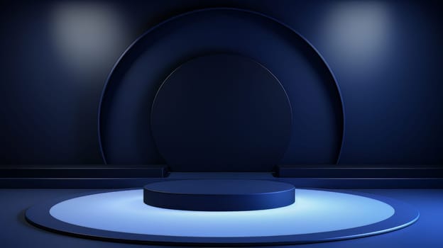 Dark blue futuristic 3D Elegant Podium Stage. Abstract geometric minimalist 3D scene with podium, copy space or space for product presentation. generative AI.