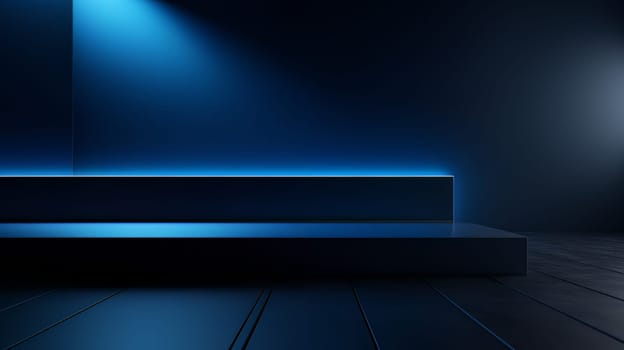 Dark blue futuristic 3D Elegant Podium Stage. Abstract geometric minimalist 3D scene with podium, copy space or space for product presentation. generative AI.