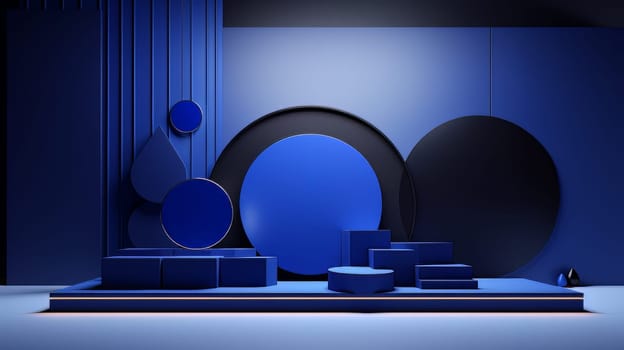 Dark blue futuristic 3D Elegant Podium Stage. Abstract geometric minimalist 3D scene with podium, copy space or space for product presentation. generative AI.