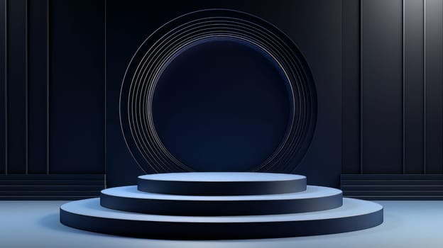 Dark blue futuristic 3D Elegant Podium Stage. Abstract geometric minimalist 3D scene with podium, copy space or space for product presentation. generative AI.