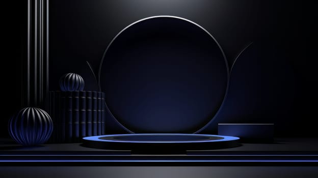 Dark blue futuristic 3D Elegant Podium Stage. Abstract geometric minimalist 3D scene with podium, copy space or space for product presentation. generative AI.