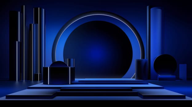 Dark blue futuristic 3D Elegant Podium Stage. Abstract geometric minimalist 3D scene with podium, copy space or space for product presentation. generative AI.