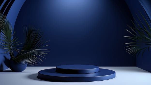 Dark blue futuristic 3D Elegant Podium Stage. Abstract geometric minimalist 3D scene with podium, copy space or space for product presentation. generative AI.