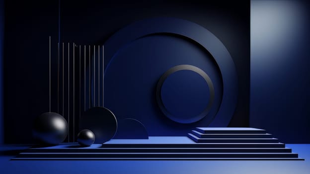 Dark blue futuristic 3D Elegant Podium Stage. Abstract geometric minimalist 3D scene with podium, copy space or space for product presentation. generative AI.